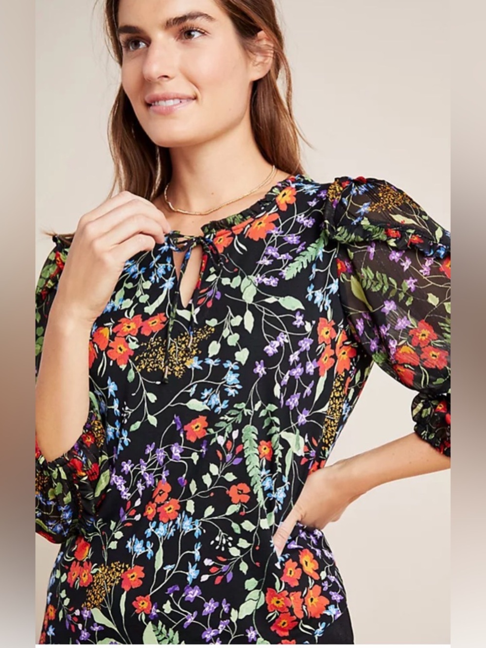 Anthropologie Maeve Jacquin Peasant Blouse black floral SP - Picture 2 of 6